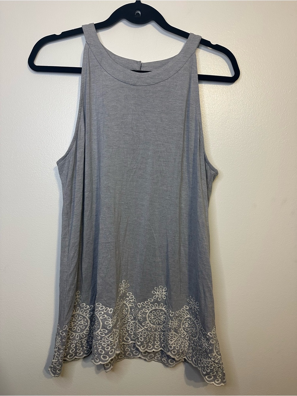 Adrianna Papell Gray Tank Top with Scalloped White Embroidery
